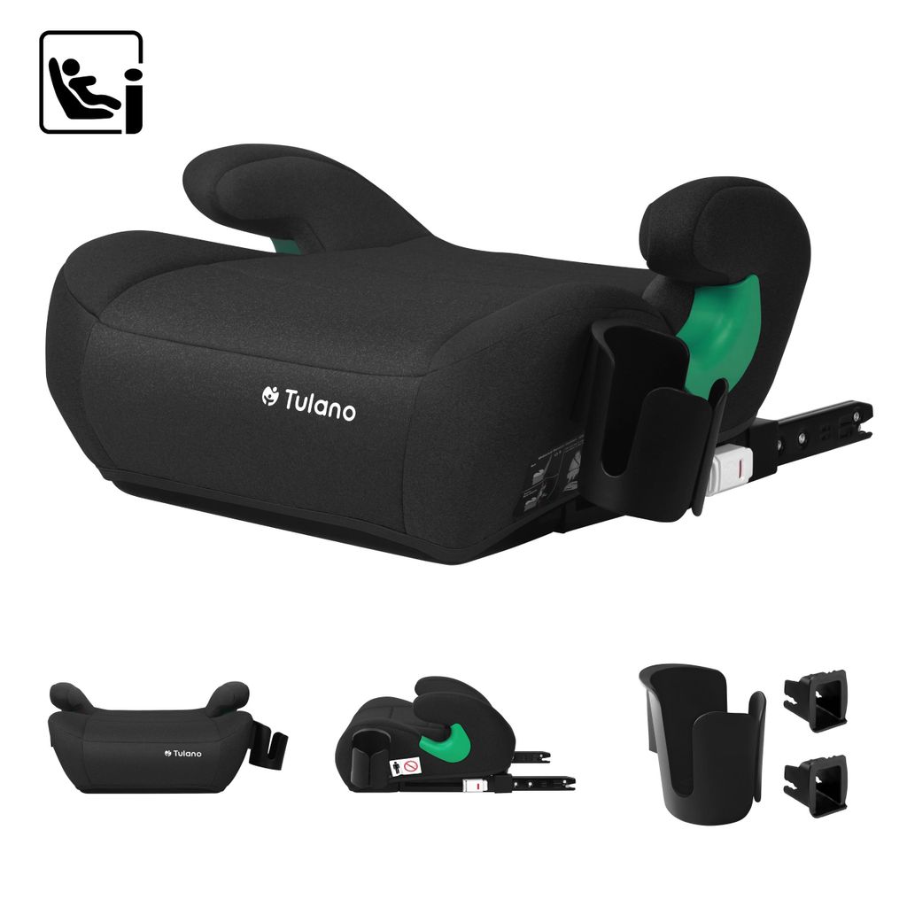 Tulano Cabby 35 i-Size Kindersitz 125–150 cm – ECE R129/03, ISOFIX + Gurt, abnehmbarer Bezug, Getränkehalter, schwarz