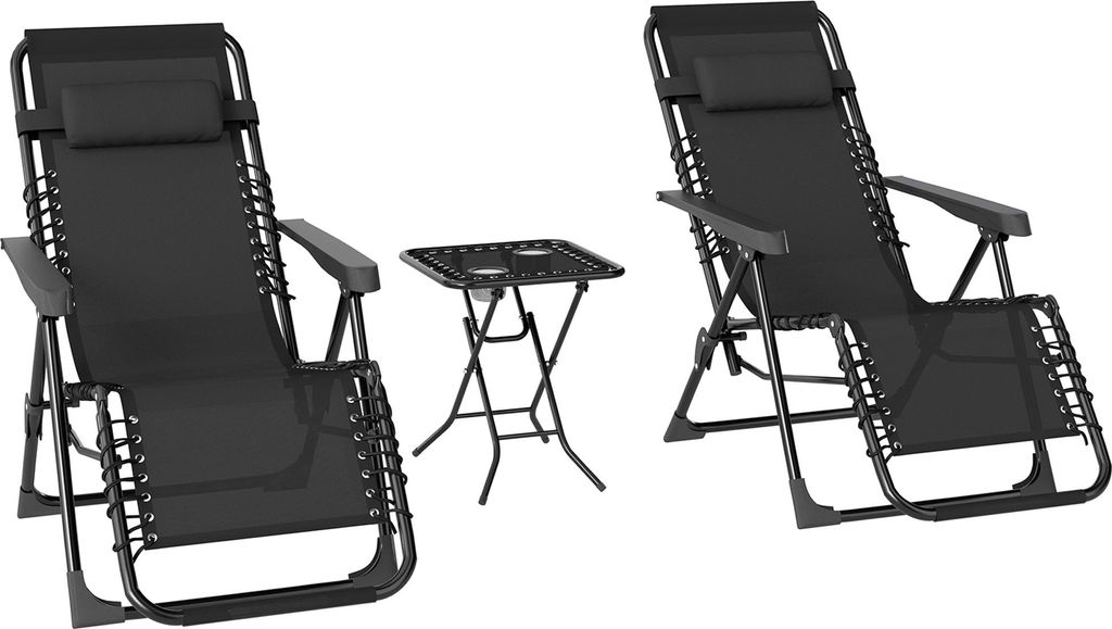 Gartenliege Set 3-TLG. Sonnenliege mit Teetisch 2 Liegestühle Kissen, Outdoor Liege 90x56x110 cm Schwarz