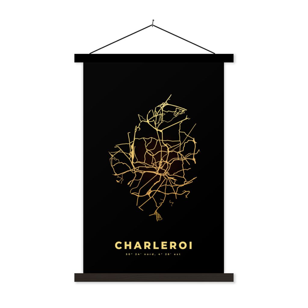 MuchoWow Textilposter Belgien - Stadtplan - Gold - Karte - Charleroi 60x90 cm mit schwarzem Rahmen - Poster Wohnzimmer