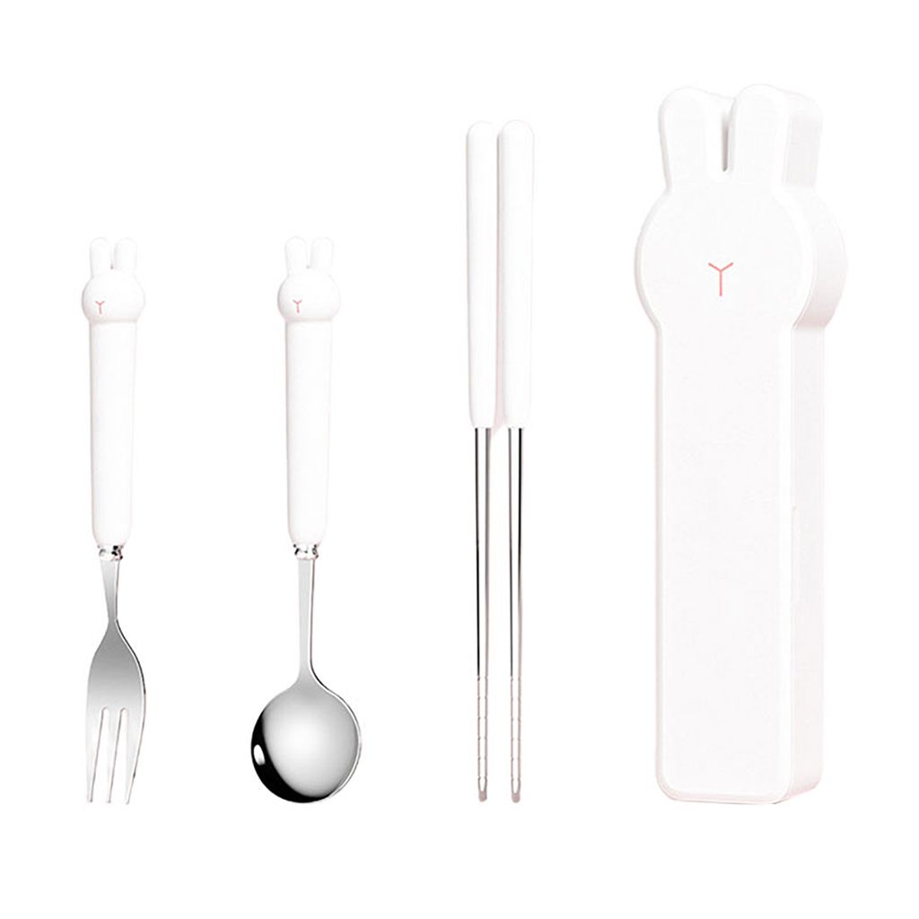 Set Löffelbesteck, bequemer Griff, klein und exquisit, kreativ, tragbar, Cartoon-Kaninchen-Geschirr, Edelstahl, Löffel, Gabel, Essstäbchen, Best...