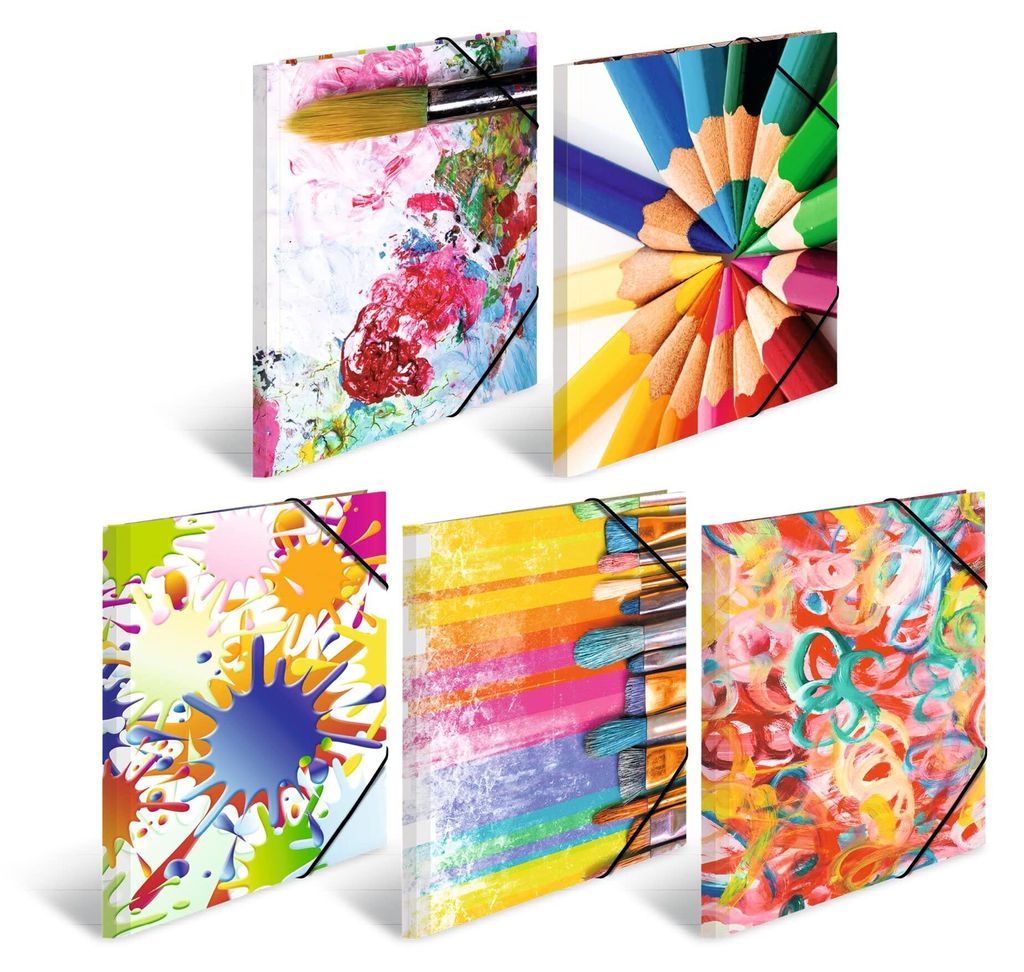 A3-Kunstmappen, 10 Stück, Kindermappen aus Karton mit Eckverschluss und Designmotiv, Gummiband, Innenklappen und Innendruck.