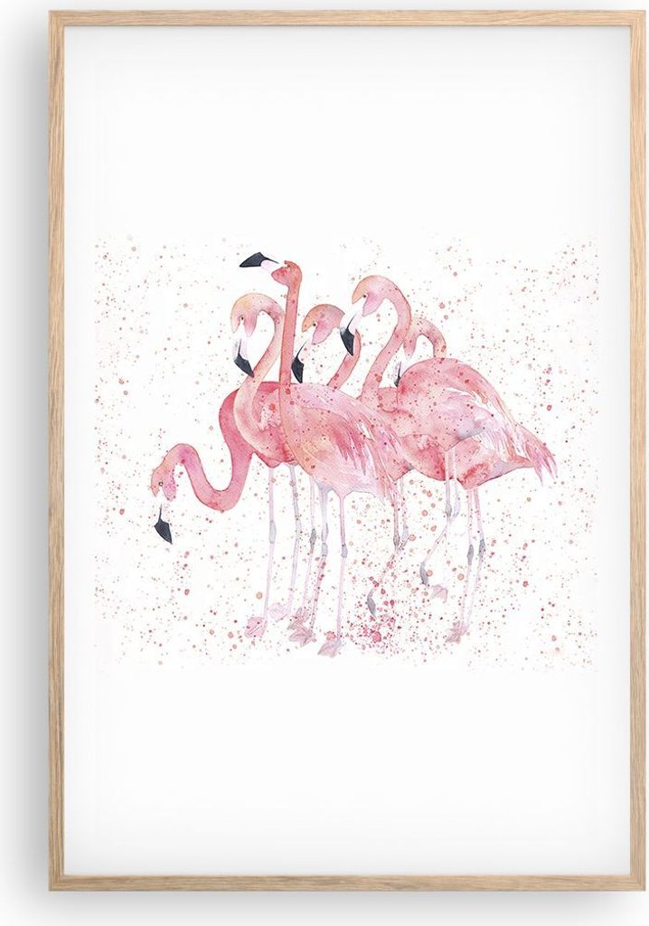Gerahmtes Poster - Rahmen in heller Eiche - Flamingo Vogel Wasser - 61x91,5 cm - Wand Bild - Wanddeko - Wandbilder - Wandposter - Bilderrahmen - Bi...