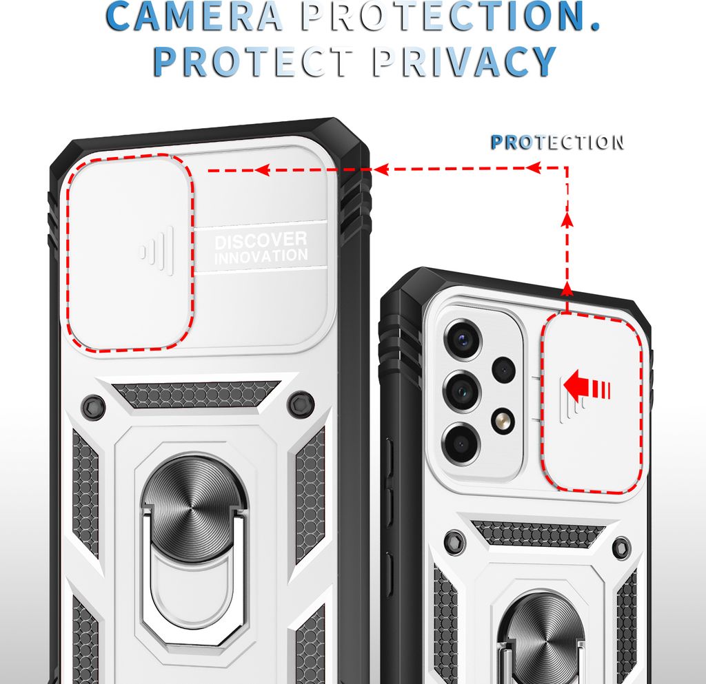 Galaxy A53 5G Hülle, Schiebe Kamera Schutz Robust Schutzhülle mit Ringhalterung Ständer Kartenhalter für Samsung Galaxy A53 5G Weiß