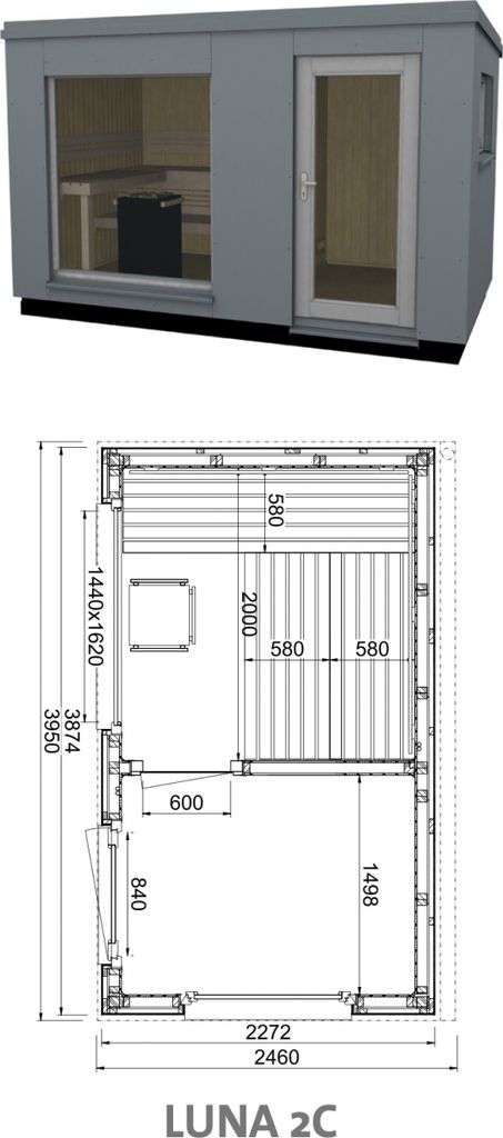 Infraworld Luna 2 Außensauna mit HPL-Platten Anthrazit versch. Fenstergrößen und Inneneinrichtung Luna 2C - Panorama-Fenster (BxH): 1440 x 1620 ...