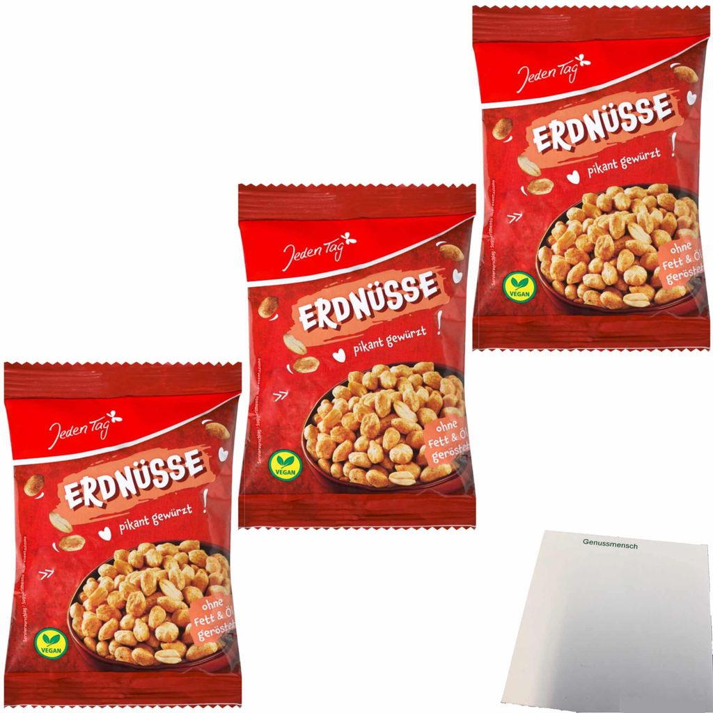 Jeden Tag Erdnüsse Pikant Gewürzt 3er Pack (3x150g Packung) + usy Block