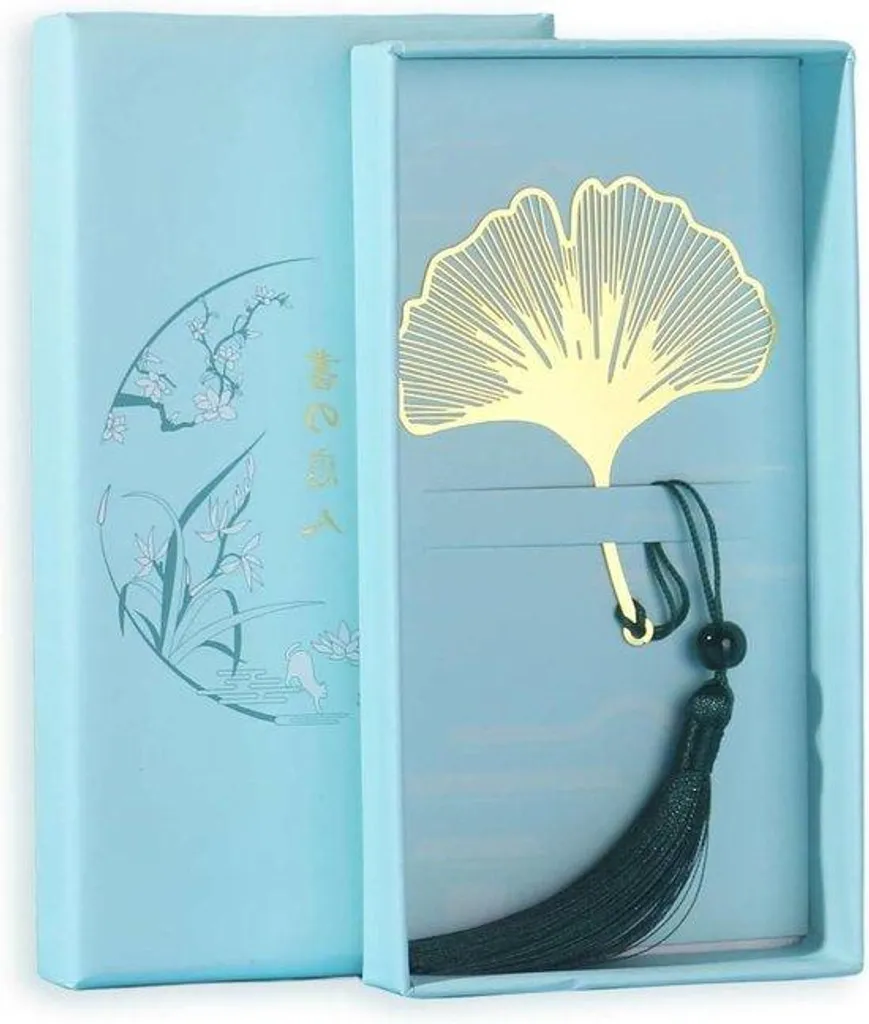 Marque-page Ginkgo Biloba en métal doré avec un pompon en tissu