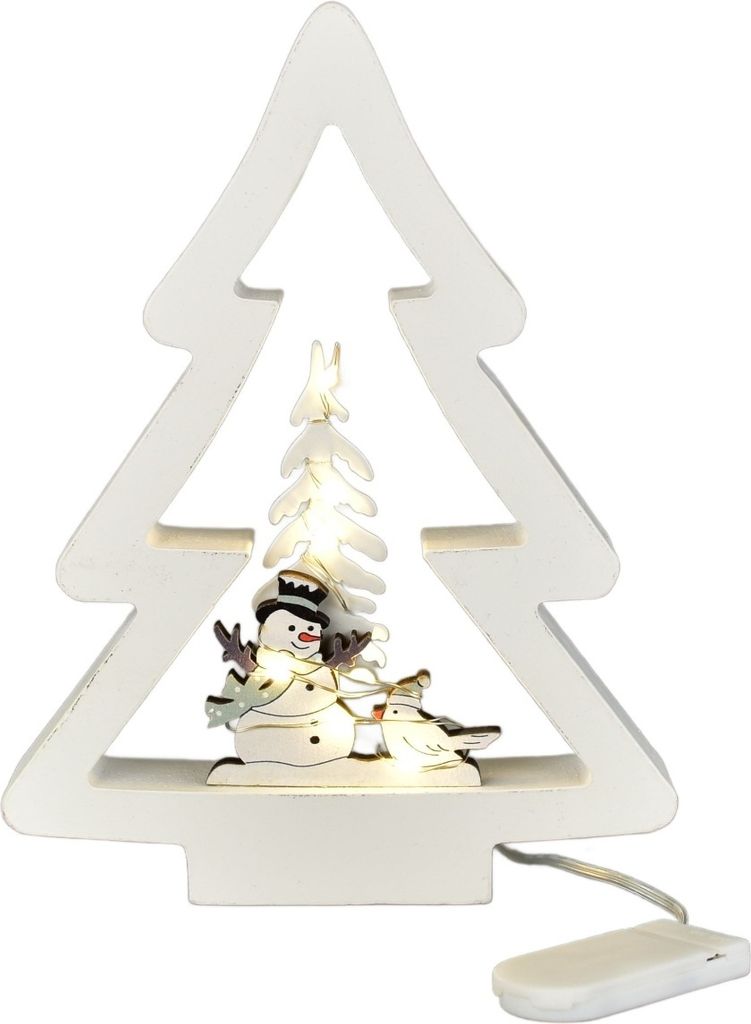 A white wooden Christmas tree decoration with a snowman and a small tree inside, illuminated by LED lights.