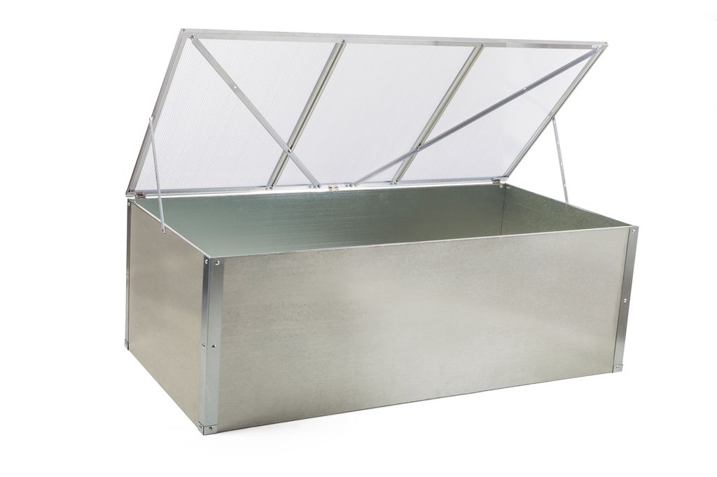 A silver metal cold frame with a clear, hinged lid, shown against a white background.
