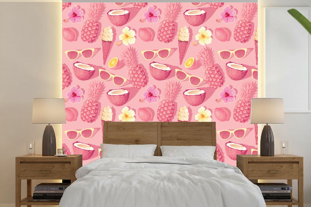 MuchoWow Fototapete für Wohnzimmer oder Schlafzimmer Wandtapete Vinyl Motivtapete Sommer - Rosa - Muster - 300x300 cm - Wanddekoration