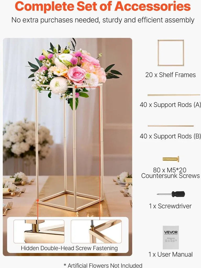 Support de fleur stable 60cm pour centre de table, 10 colonnes dorées - 4