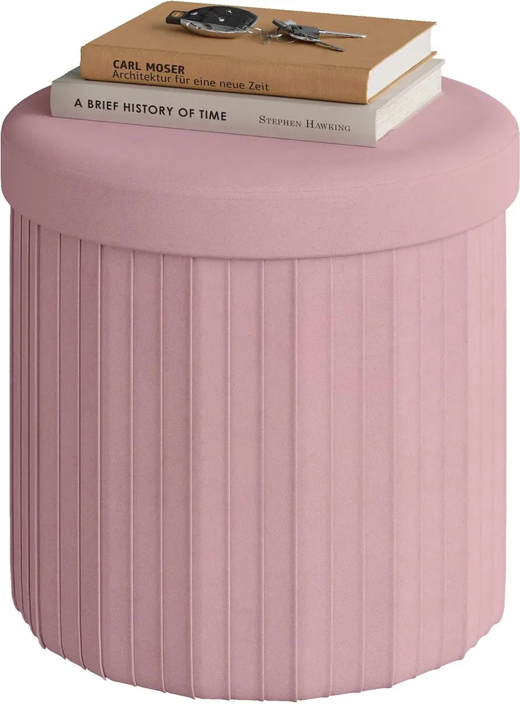 Sgabello Velluto Rosa Pieghevole con Contenitore - Pouf Rotondo Imbottito