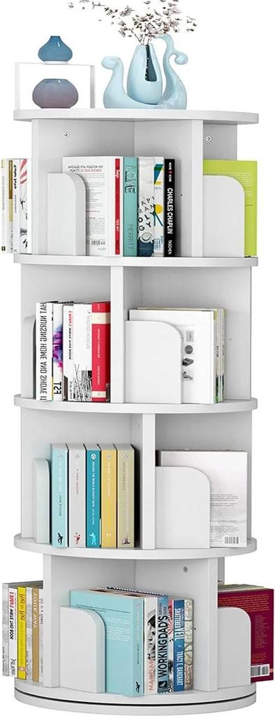 Drehbares Bücherregal aus Holz - Eck-Bücherregal - Drehbar 360° - Vier Ebenen - Bodenstehend - Für Schlafzimmer & Wohnzimmer - Weiß