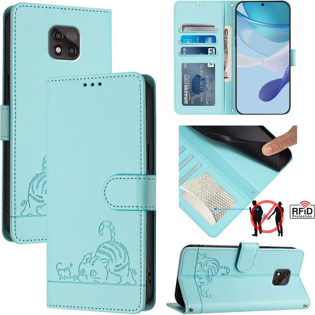 Leder Hülle für Motorola Moto G Power (2021) Süße Katze Flip Case Brieftasche Schutzhülle mit Standfunktion hellgrün