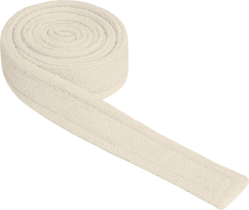 A rolled-up beige fabric belt, likely for a bathrobe, is shown against a white background.