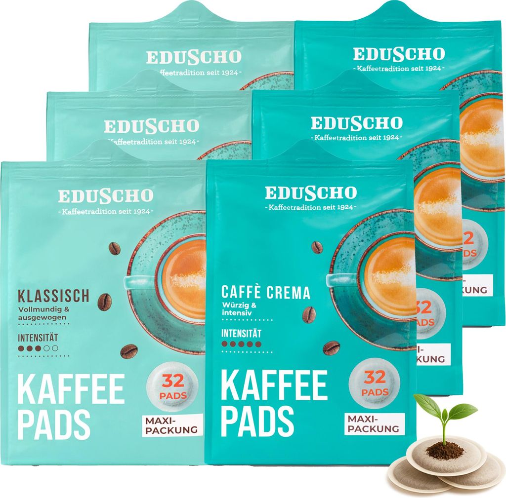 Eduscho Kaffeepads Probierset Vorratspack Maxi Packung, Klassisch & Caffè Crema, 192 Pads – 6 x 32 Pads, für alle Pad Maschinen, industriell ko...