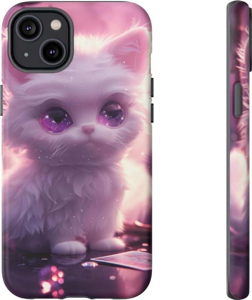 Weiße Flauschkatze mit violetten Augen – Handyhülle Kompatibel mit iPhone 14 Plus
