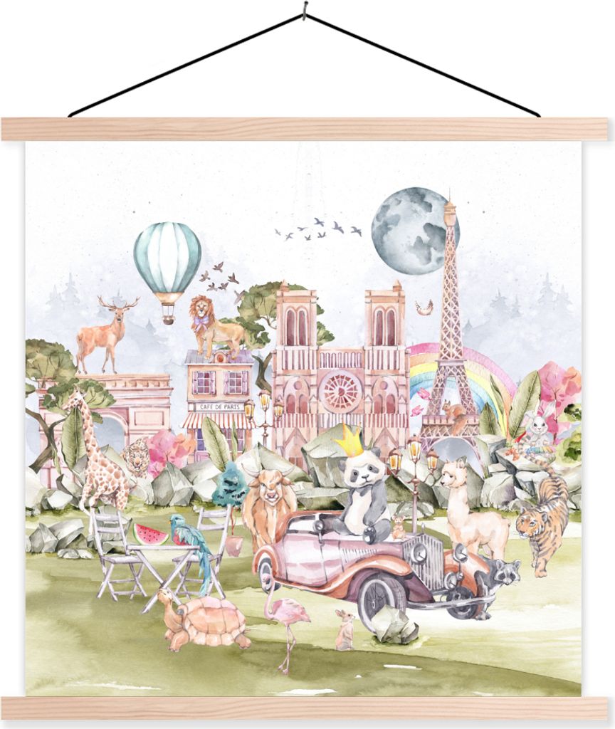MuchoWow Textilposter Paris - Regenbogen - Kinder - Rosa - Mädchen - Tiere 120x120 cm mit holzfarbenen Rahmen - Textil-Poster
