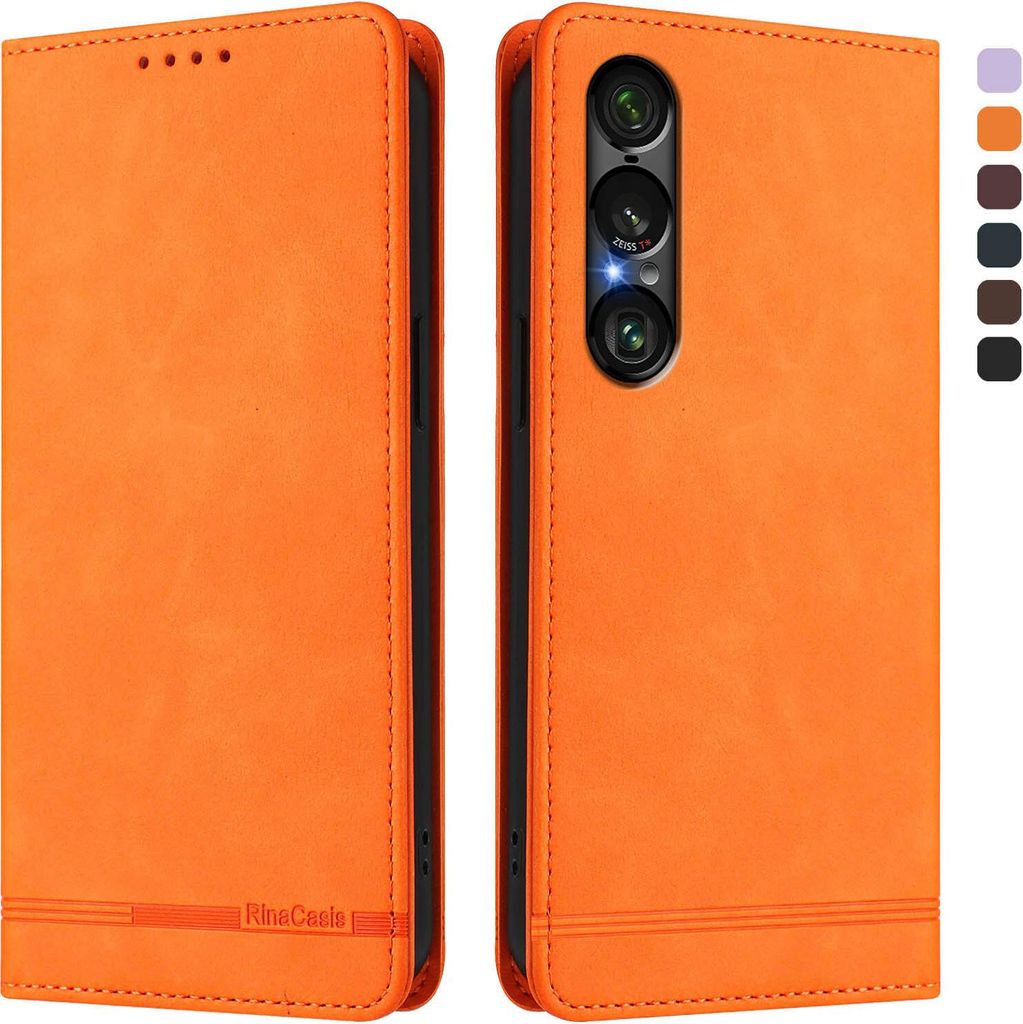 Hülle für Sony Xperia 1 VII, Retro Kunstleder Ständer Klapphülle mit Kartenfächer und Magnetische Orange
