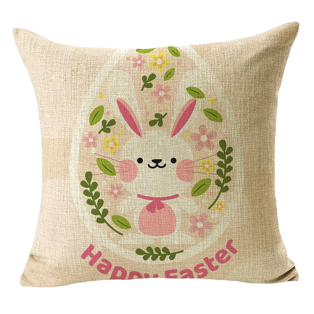 45x45 cm Quadratkissen Hülle Kaninchen Thema Bunte Eier Hausdekoration Flachs Frohe Osterkissen Kissenabdeckung für Innenräume-K
