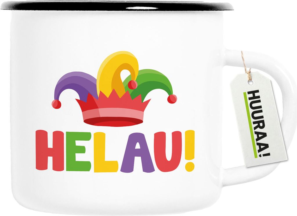 Huuraa Emaille Tasse Helau Narrenkappe 300ml Vintage Campingbecher Geschenkidee