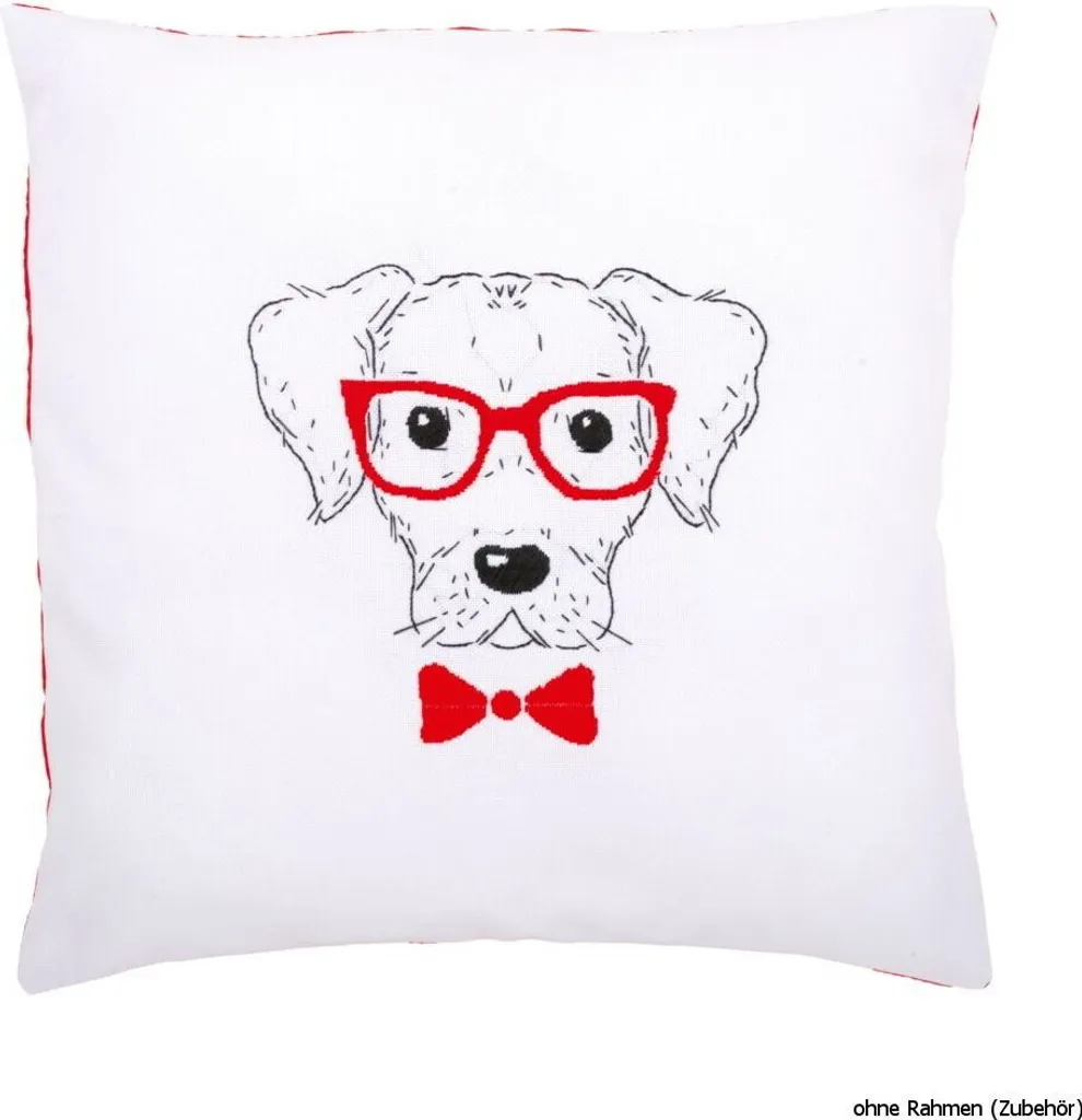 Coussin Broderie Main Chien à Lunettes - DIY Déco Salon avec Dos Inclus