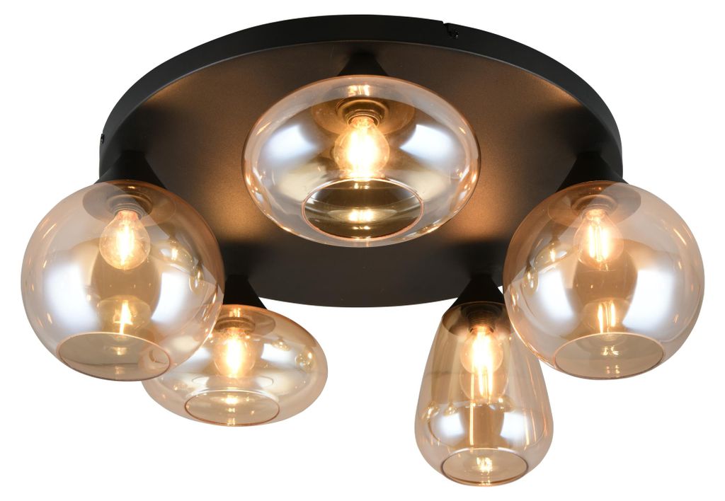 5-lichts plafondlamp Lumina zwart met amber glas Productafbeelding 