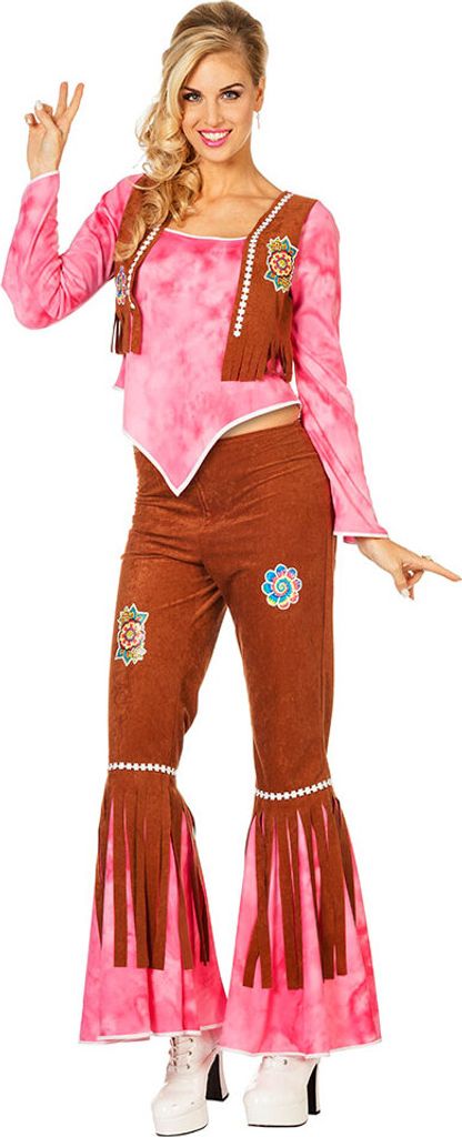 Hippy Hose und Oberteil braun rosa Flower Power Damen-Kostüm Größe: 38