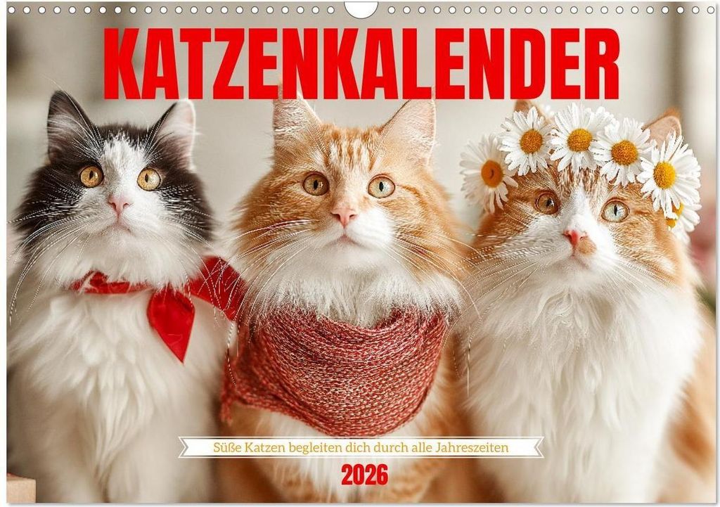 Katzenkalender - Süße Katzen begleiten dich durch alle Jahreszeiten (Wandkalender 2026 DIN A3 quer), CALVENDO Monatskalender