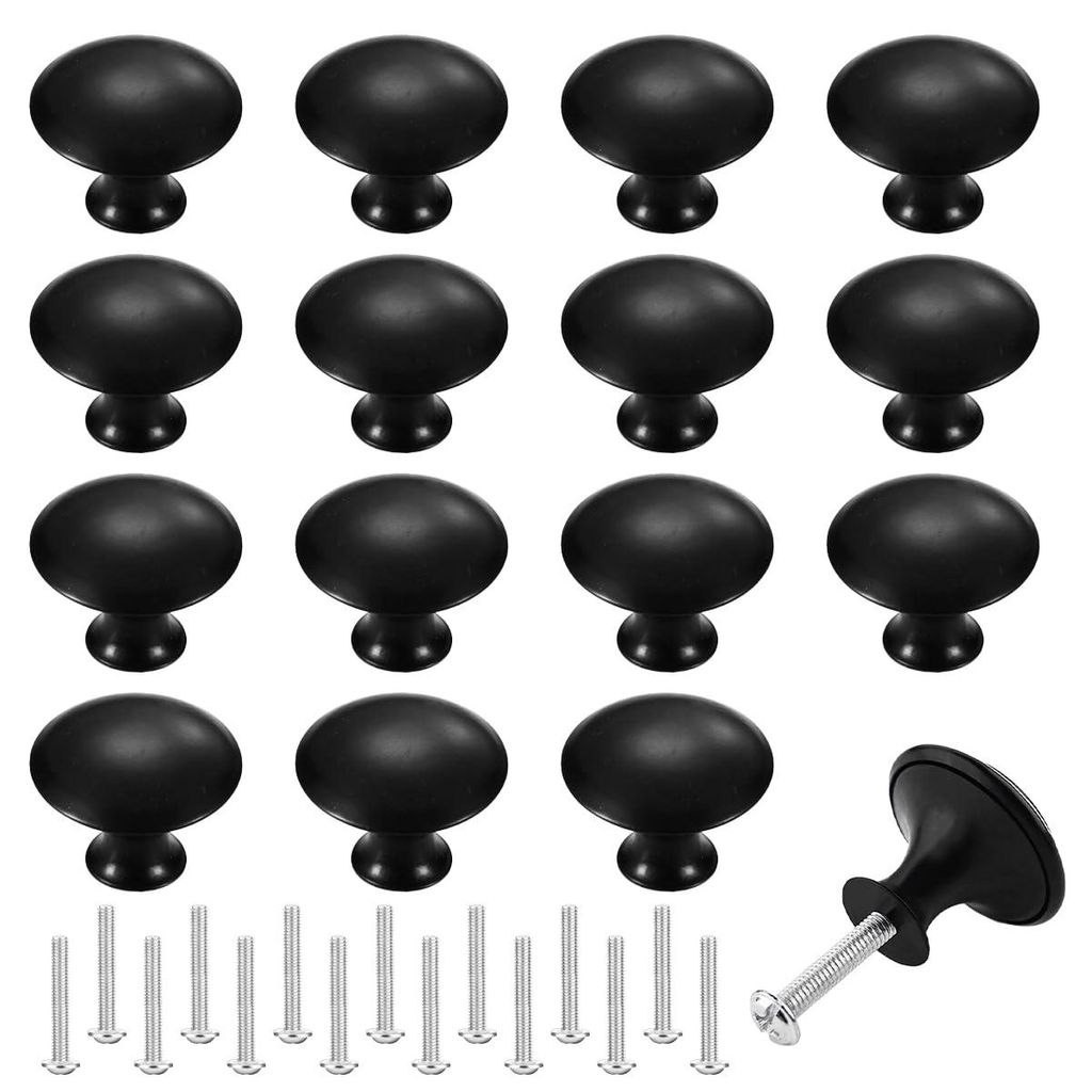 16 Schrankknöpfe mit 16 Schrauben, 30 mm schwarze Möbelknöpfe, runde Möbelknöpfe, Schranktürknöpfe, Kommodenknöpfe, Küchenknöpfe, Schubla...