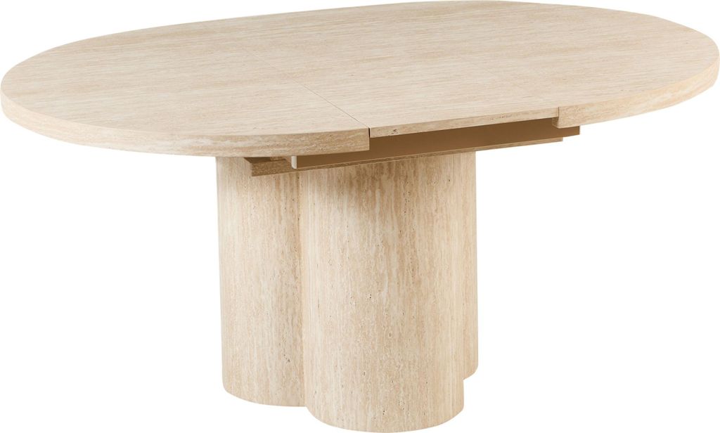 BELIANI Ausziehbarer Esstisch Hellbraun MDF Travertinoptik 120 / 160 x 76 cm Rund Oval Breites Tischbein Schmetterlingsauszug Minimalistisch Esszimmer
