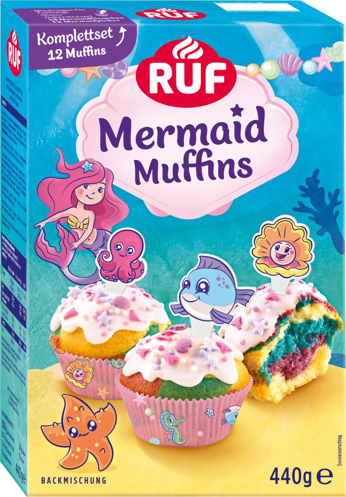 A box of RUF Mermaid Muffins with decorated muffins shown in the foreground.