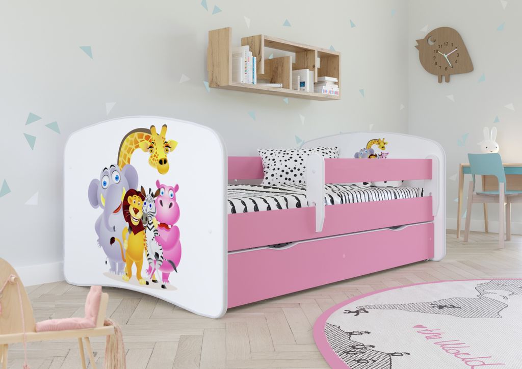 Kinderbett Jugendbett 80x180 cm Rosa mit Matratze Rausfallschutz Schublade und Lattenrost Kinderbetten für Mädchen und Junge - Zoo