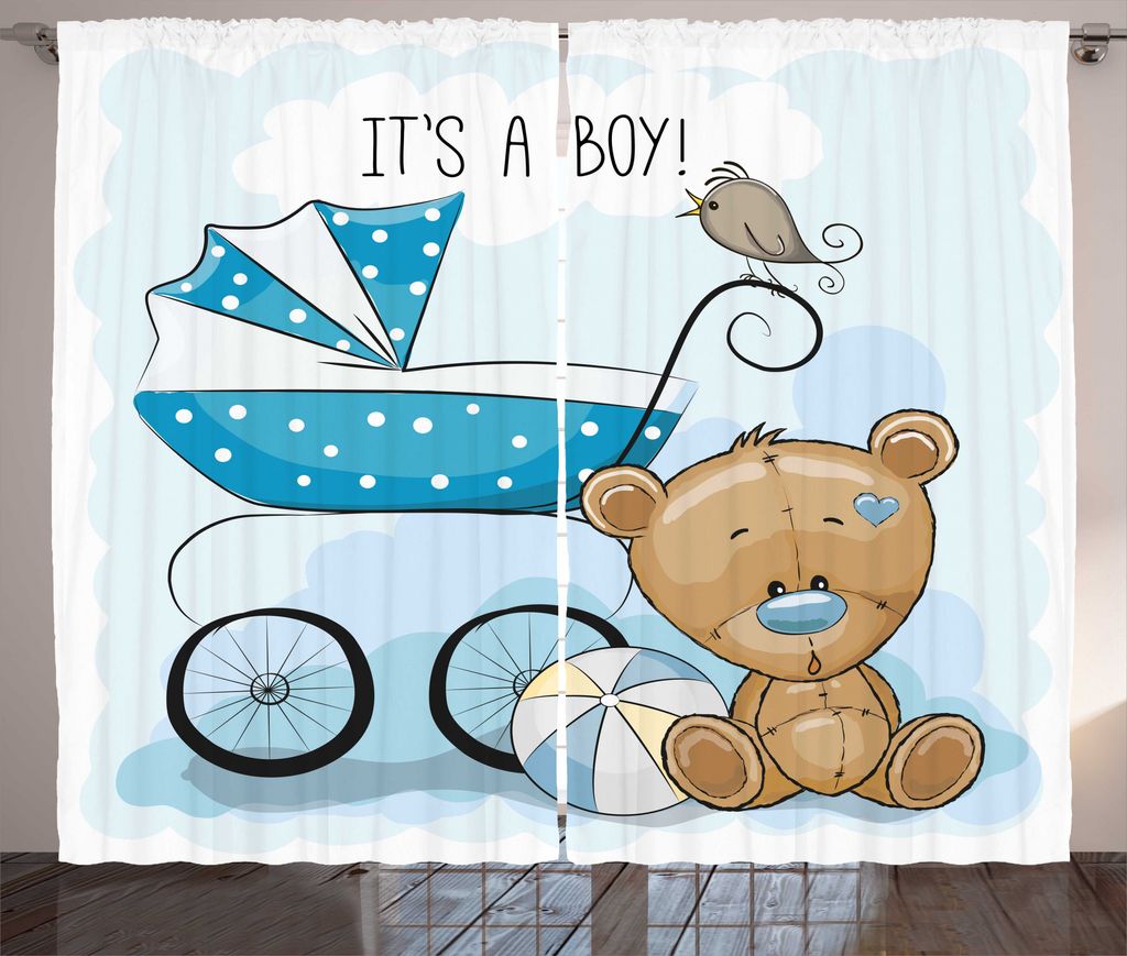 ABAKUHAUS Babydusche Rustikaler Gardine, Kinderwagen und Teddybär, Schlafzimmer Kräuselband Vorhang mit Schlaufen und Haken, 280 x 225 cm, Mehrfa...