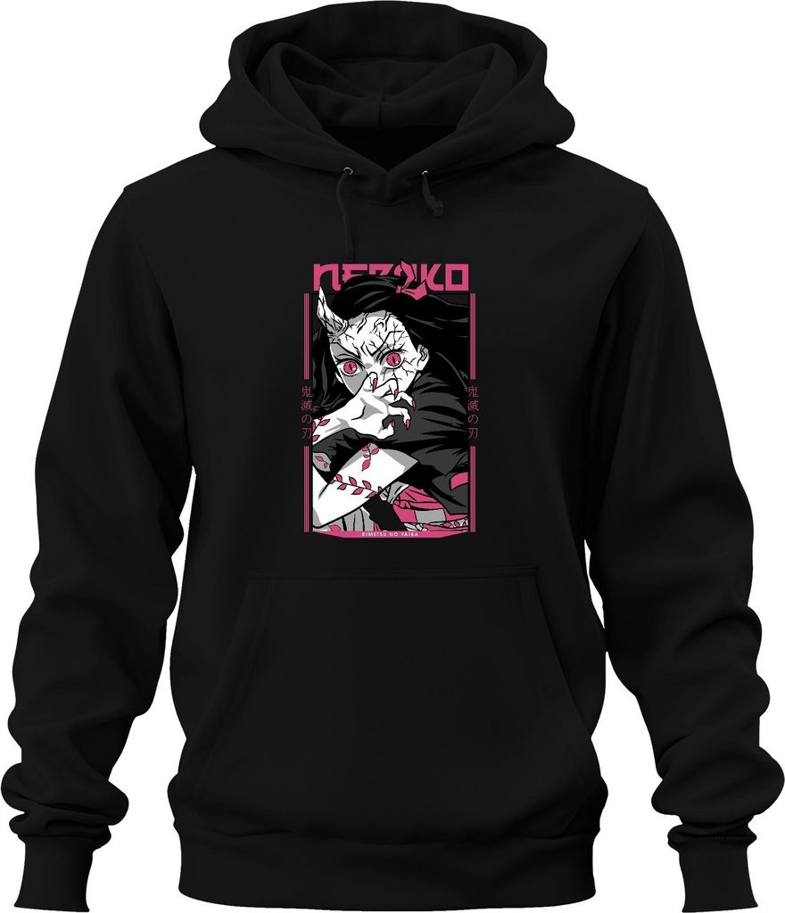 Nezuko Dämonenmädchen Hörner rosa Augen Krallen Anime Geschenk Uni Hoodie Kapuzenpullover, Schwarz, 3XL