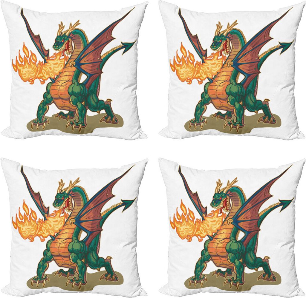 ABAKUHAUS Drachen Kissenbezug Set (4 Stück), Mythische Monster-Maskottchen, Moderner Doppelseitiger Digitaldruck, 50 cm x 50 cm, Dark Orange Jäge...