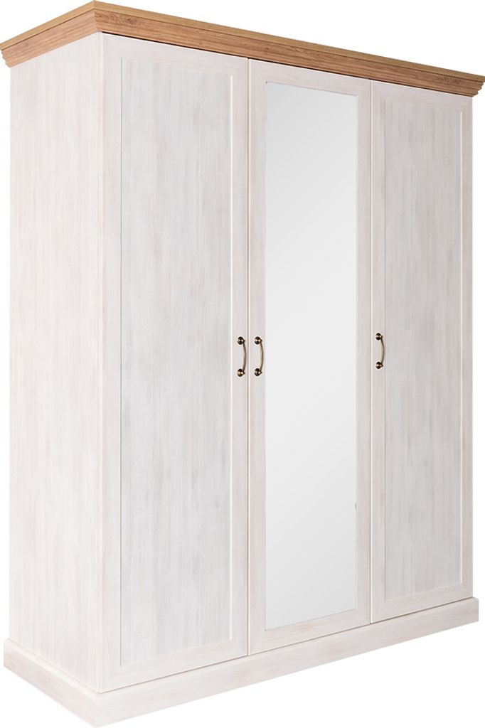 Kleiderschrank mit Spiegel, Farbe: Kiefer Weiß / Braun - 197 x 157 x 60 cm (H x B x T)