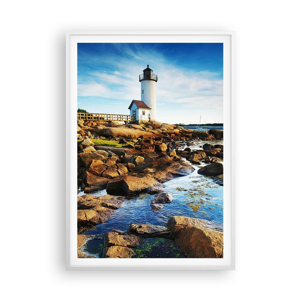 Gerahmtes Poster - Weißer Rahmen - Leuchtturm Ufer Wolke Landschaft - 70x100 cm - Wand Bild - Wanddeko - Wandbilder - Wandposter - Bilderrahmen - ...