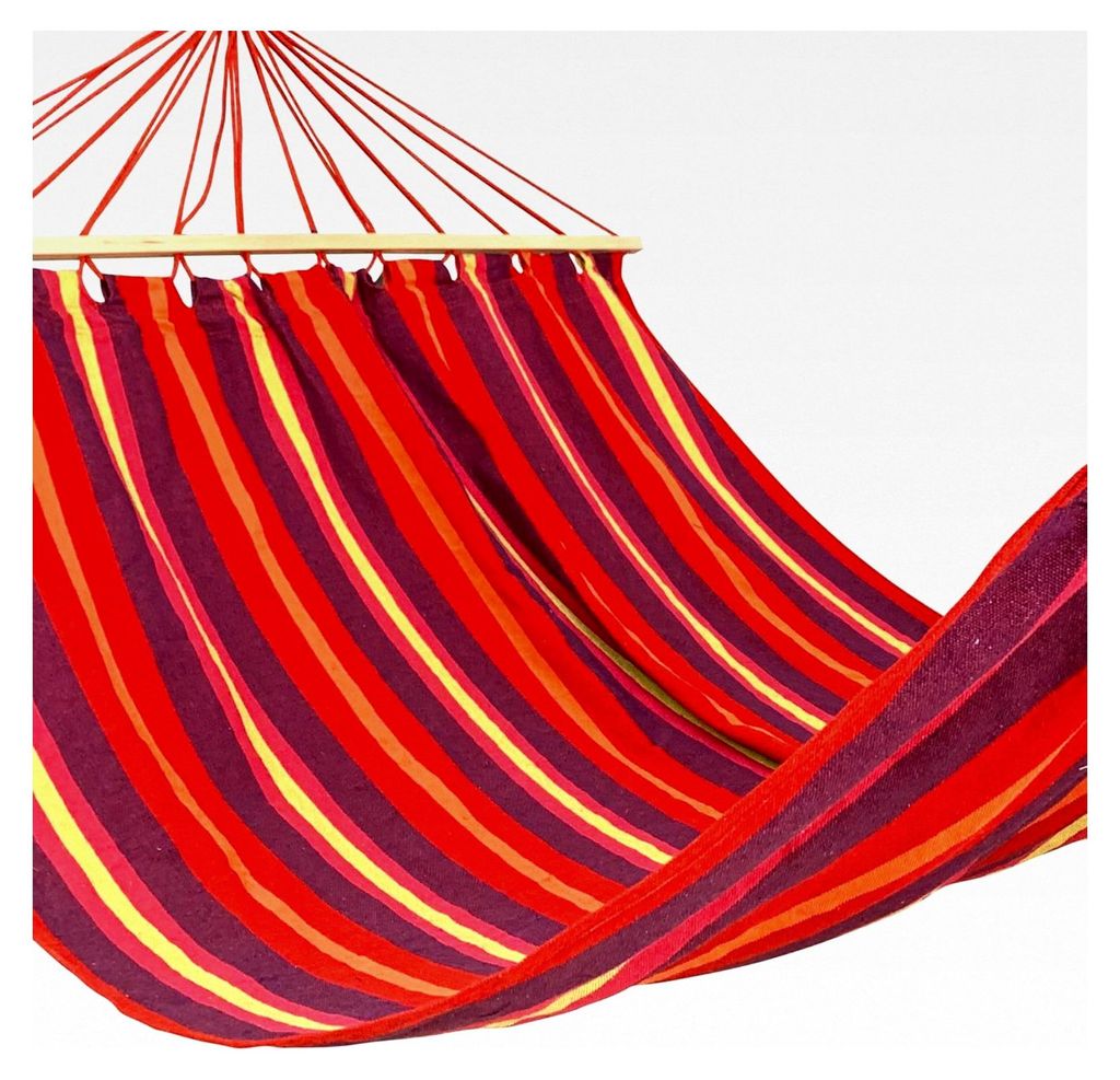 Hängematte mit Spreizstange – 200x140cm – Rot gestreift – Für 1 Person – Inklusive 2 Haken, Seil und Aufbewahrungstasche