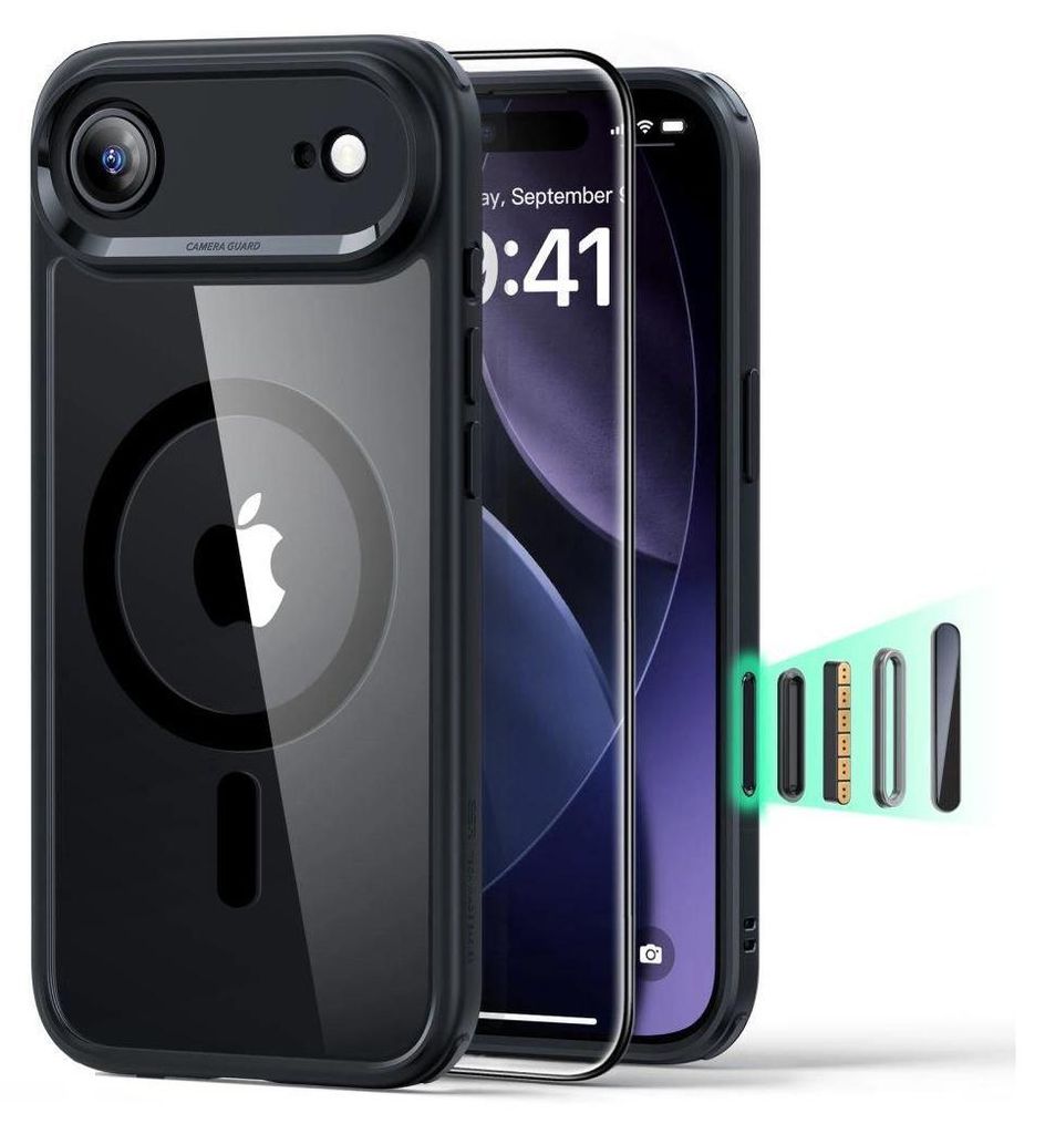 A product shot of an iPhone case with a screen protector, showing its magnetic charging feature.