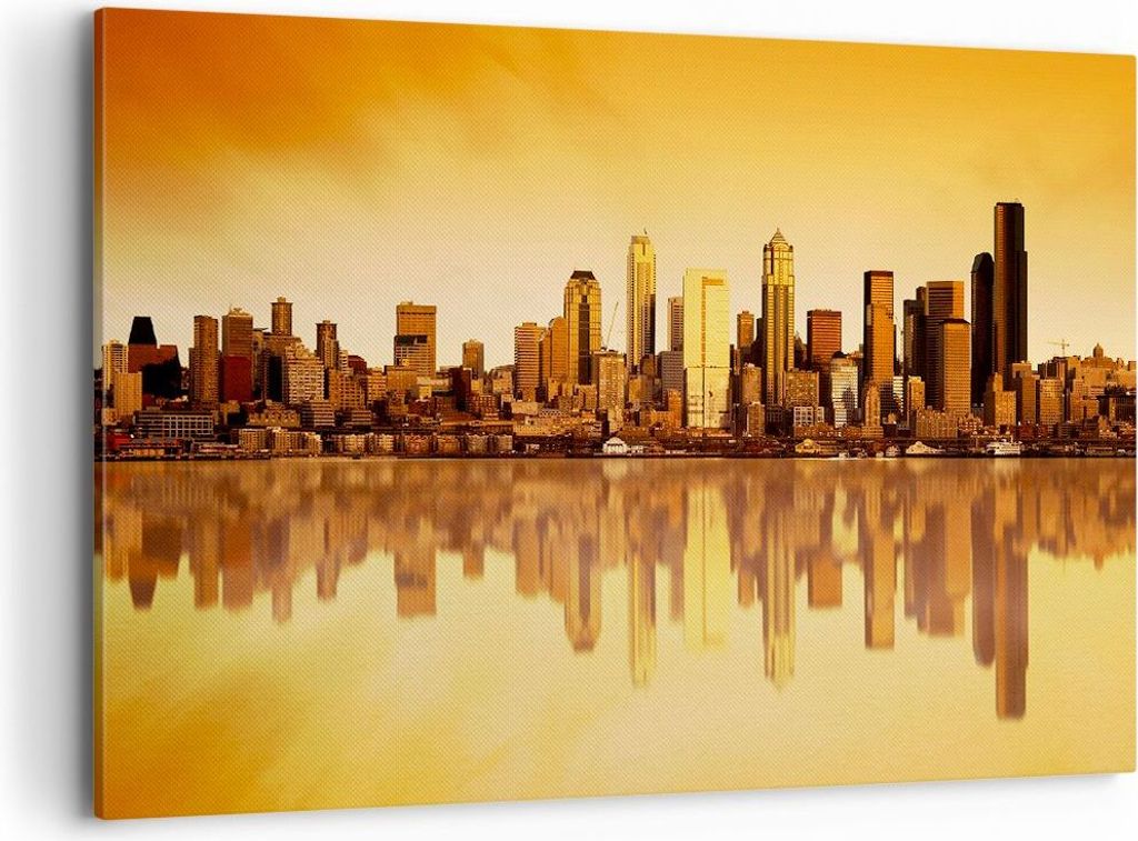 Bild auf Leinwand - Leinwandbild - Stadt Wolkenkratzer Wasser - 100x70cm - Wand Bild - Wanddeko - Leinwanddruck - Bilder - Kunstdruck - Wanddekorat...