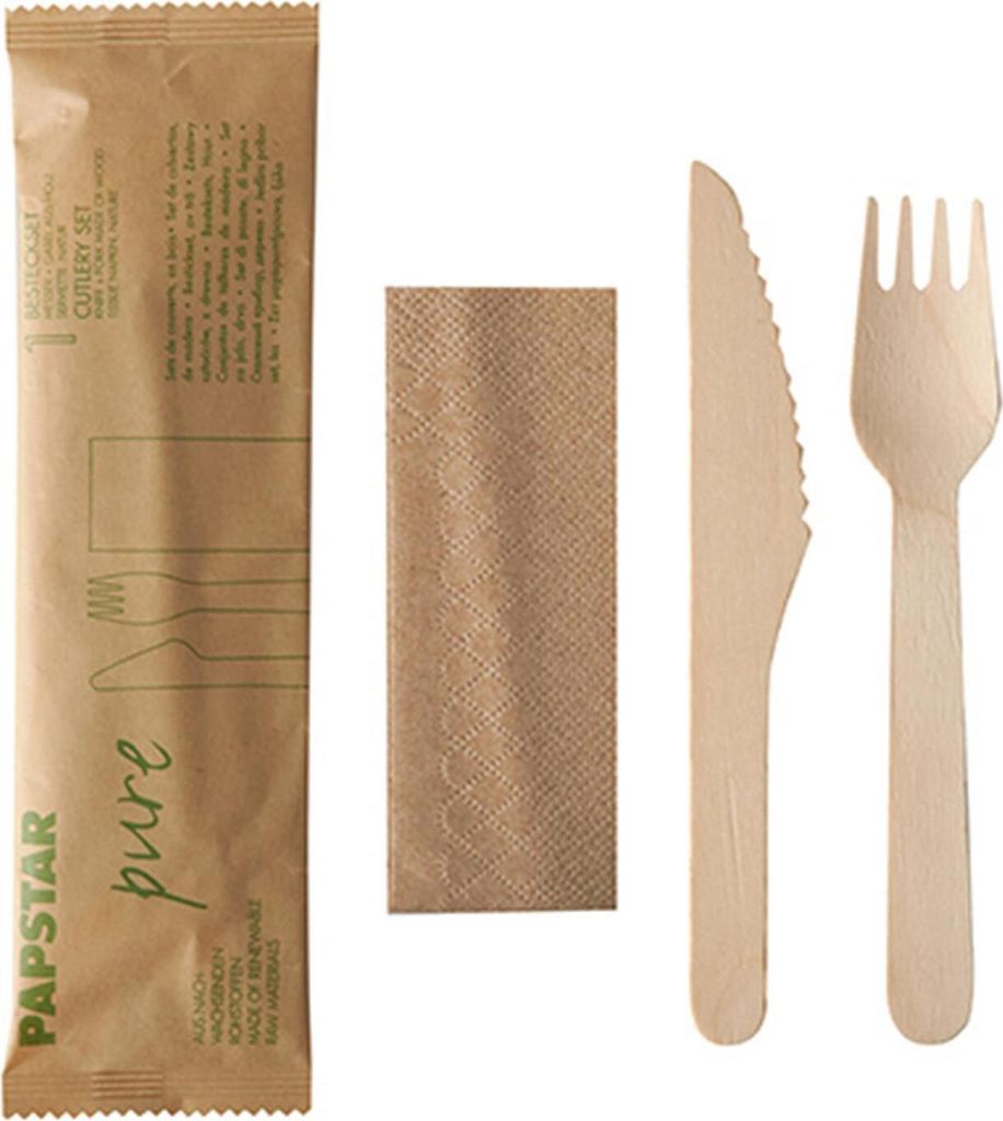 50x Besteckset, Holz pure natur : Messer, Gabel, Serviette Produktbild 