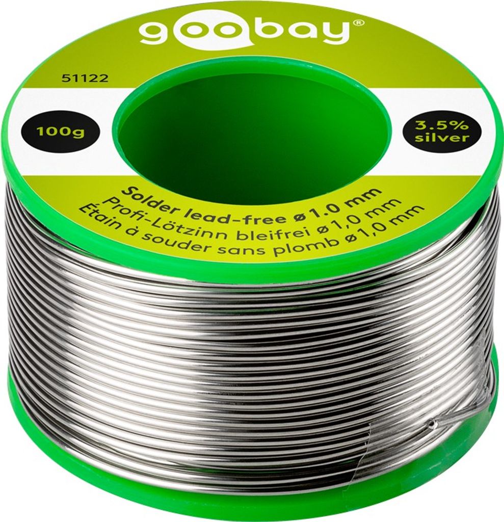 Goobay Profi-Lötzinn bleifrei, ø 1,0 mm, 100 g - Zusammensetzung: 3,5 % Silber, 0,7 % Kupfer, 93,8 % Zinn, Flußmittelanteil: 2 %, Schmelzpunkt 2...