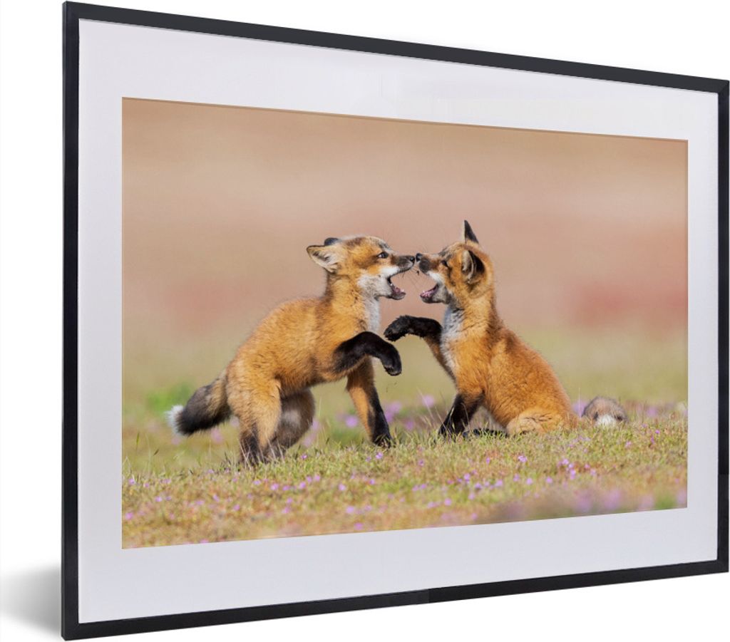 MuchoWow MuchoWow Gerahmtes Poster Füchse - Blumen - Porträt 40x30 cm - Poster mit zchwarzem Bilderrahmen - Bilderrahmen - Poster im Rahmen