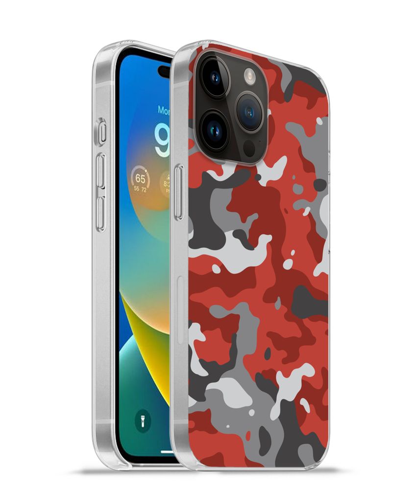 MuchoWow Handyhülle Schutzhülle Hülle für Apple iPhone 14 Pro Max Rot mit grauem Camouflage-Muster Silikon Softcase Handy Hülle - Hardcover