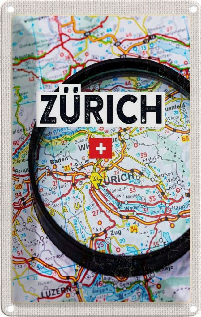 vianmo Blechschild 18x12 cm Zürich Schweiz Karte Lupe Stadt Bildmotiv Reisemotiv Abenteuer Reisen Urlaub
