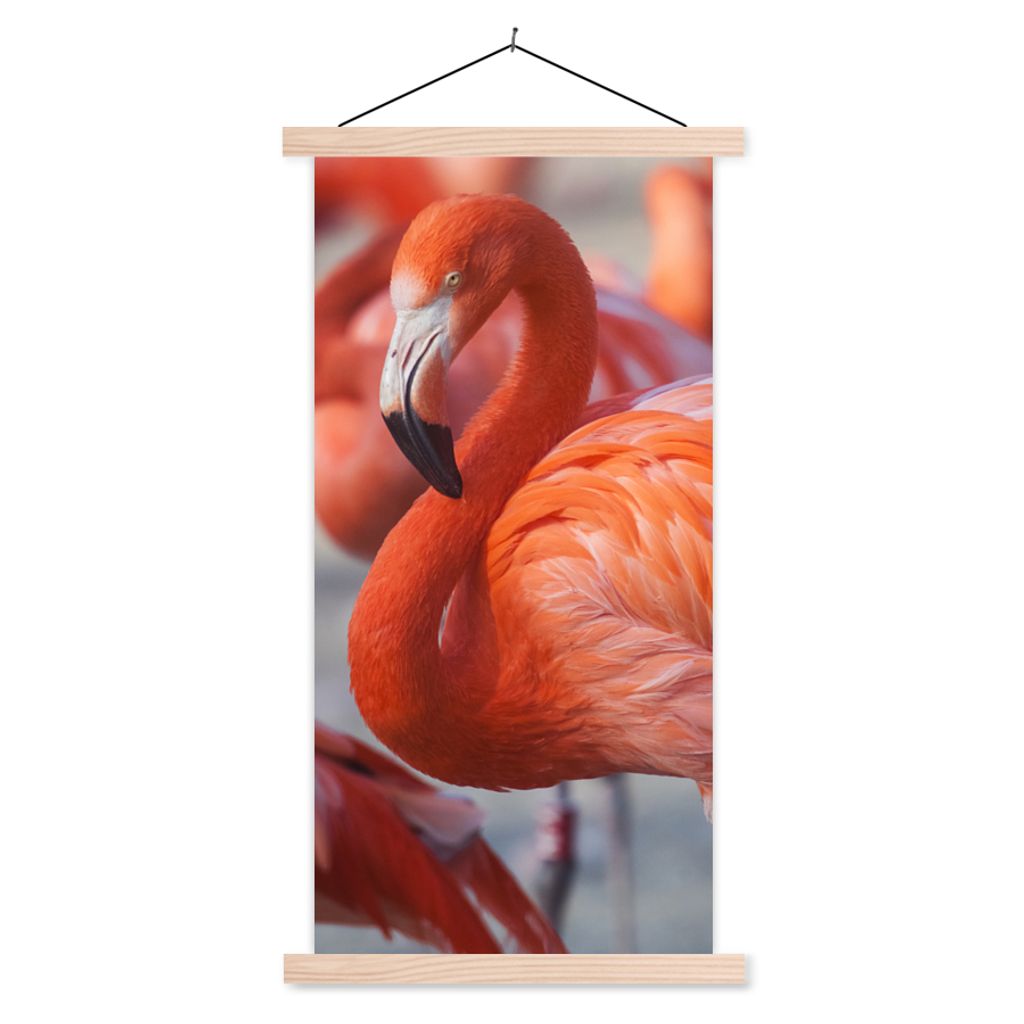 MuchoWow Textilposter Flamingo - Vogel - Tiere - Rosa 40x80 cm mit holzfarbenen Rahmen - Wohnzimmer