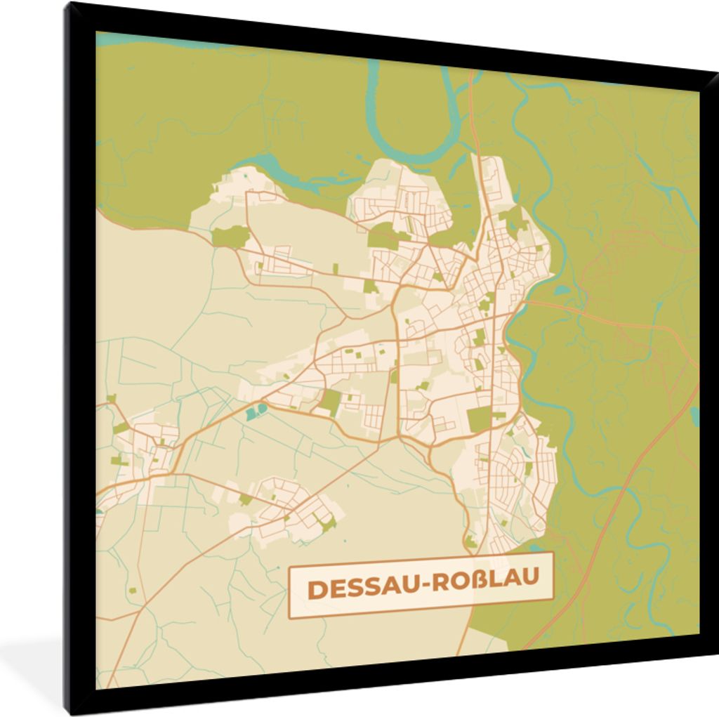 MuchoWow Gerahmtes Poster Dessau-Roßlau - Karte - Vintage - Stadtplan 40x40 cm - Poster mit Schwarzem Bilderrahmen Wandposter Rahmen Foto Bilder...