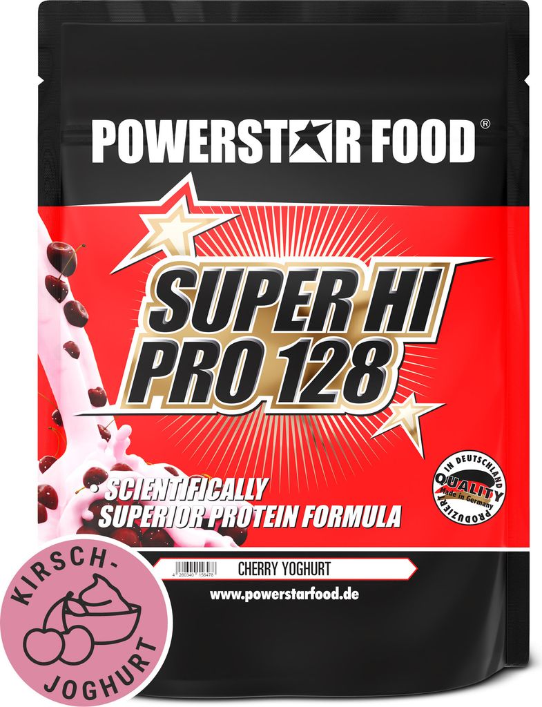 Powerstar SUPER HI PRO 128 | Mehrkomponenten Protein-Pulver 1kg | Höchste Biologische Wertigkeit | Protein-Shake zum Muskelaufbau | Cherry-Yoghurt