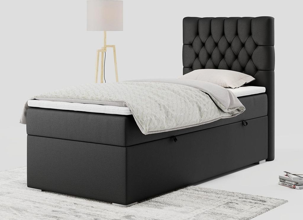 Einzelbett - Boxspringbett 90x200 mit Bettkasten und Matratzentopper - PERA 90 - rechts - Schwarz - H3
