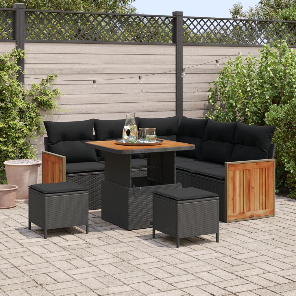 8-teiliges Garten Sofa Set mit Kissen Schwarz Poly Rattan Akazie, Design Gartensofas Neu